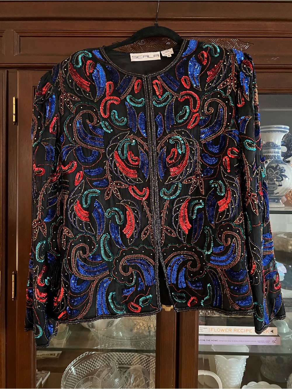 Vintage Scala Beaded Black Multicolor Sequin Jacket Top size 1X